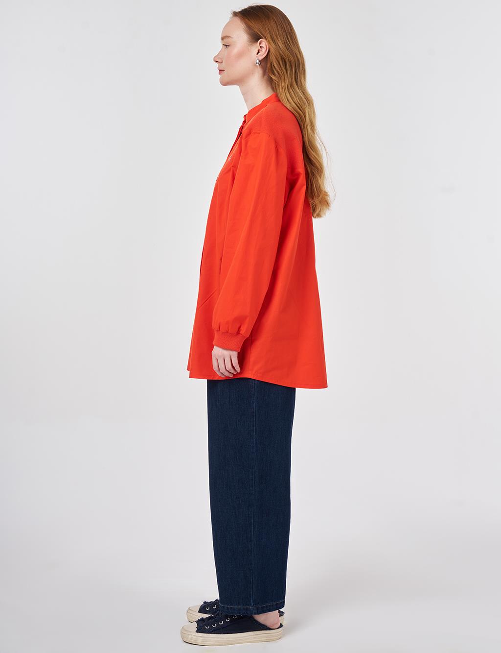 Patch Stitched Cotton Blouse, Coral