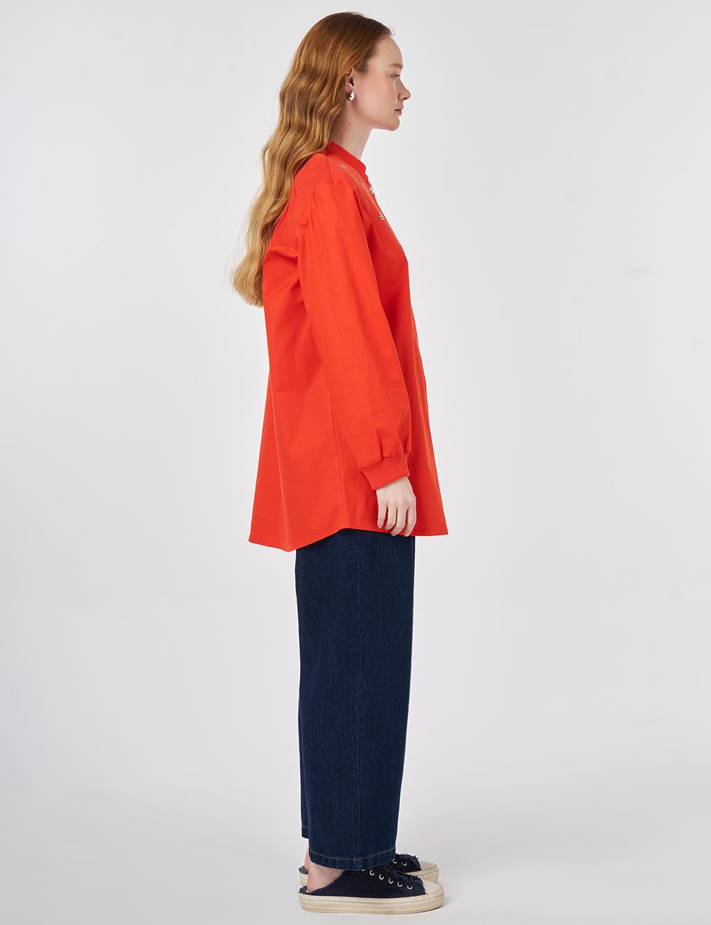 Patch Stitched Cotton Blouse, Coral