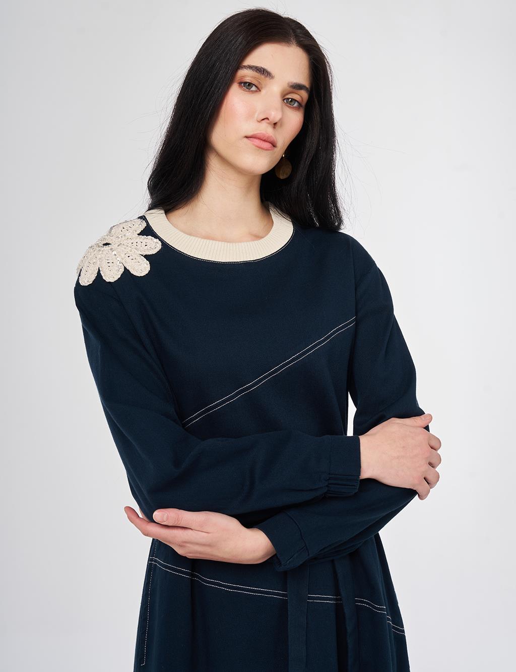 100% Cotton Piece Stitched Dress Navy