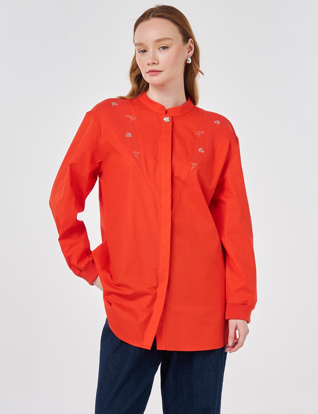 Patch Stitched Cotton Blouse, Coral