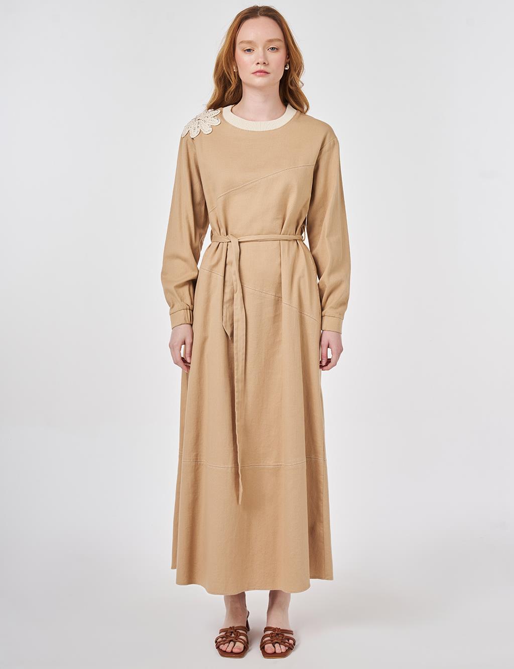 100% Cotton Piece Stitched Dress Beige