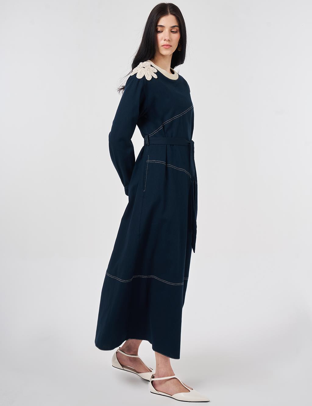 100% Cotton Piece Stitched Dress Navy