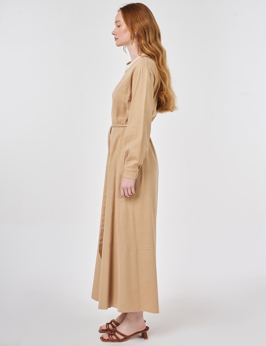 100% Cotton Piece Stitched Dress Beige