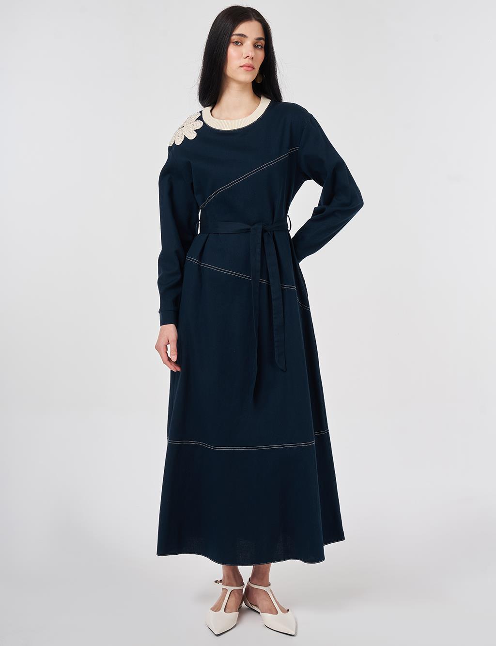 100% Cotton Piece Stitched Dress Navy