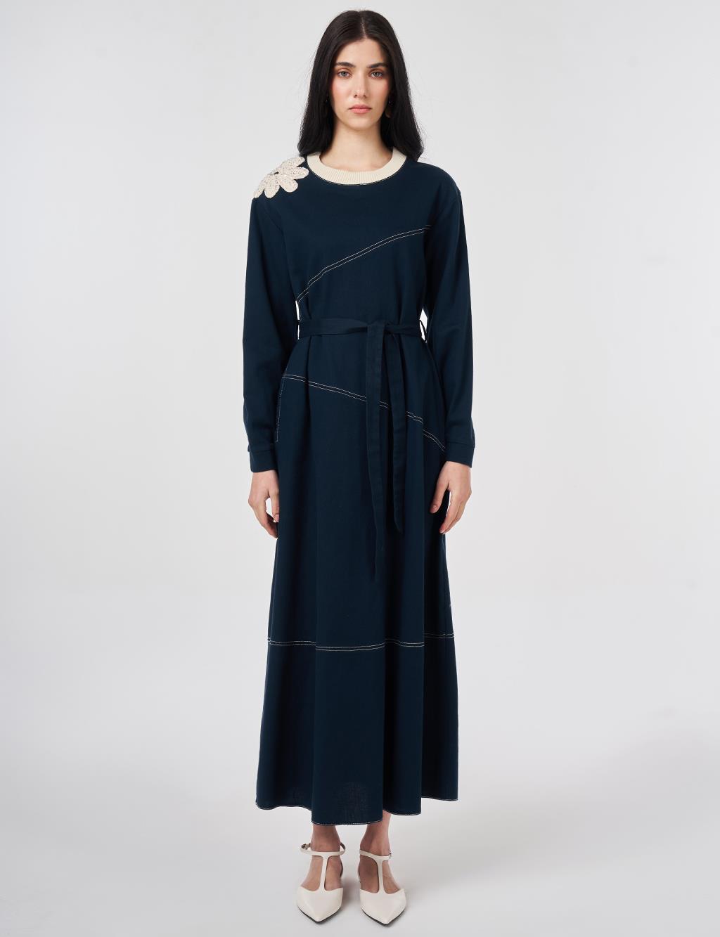 100% Cotton Piece Stitched Dress Navy