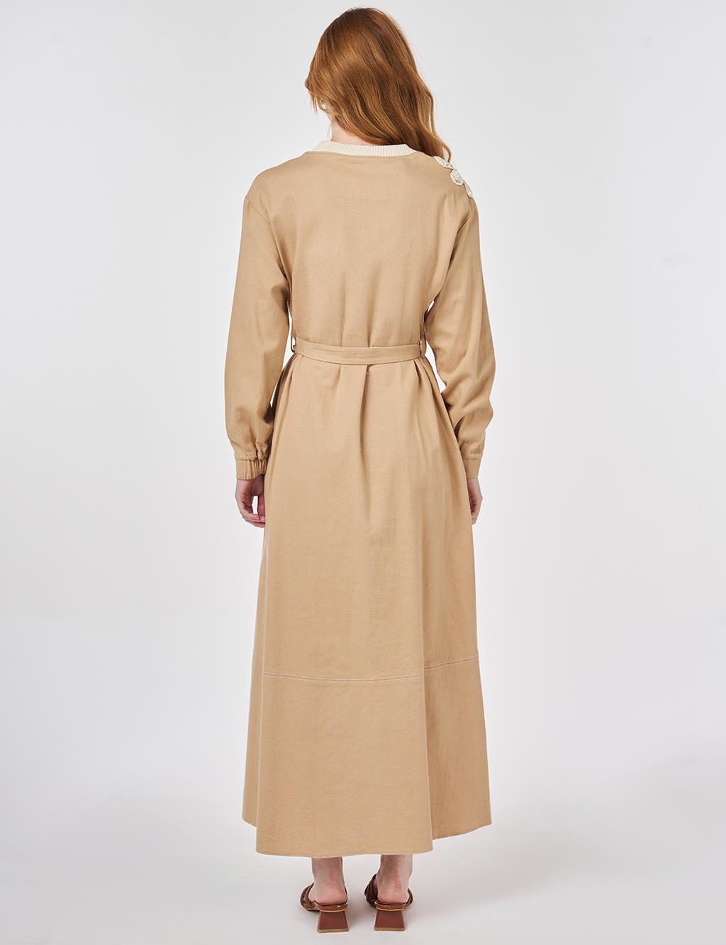 100% Cotton Piece Stitched Dress Beige