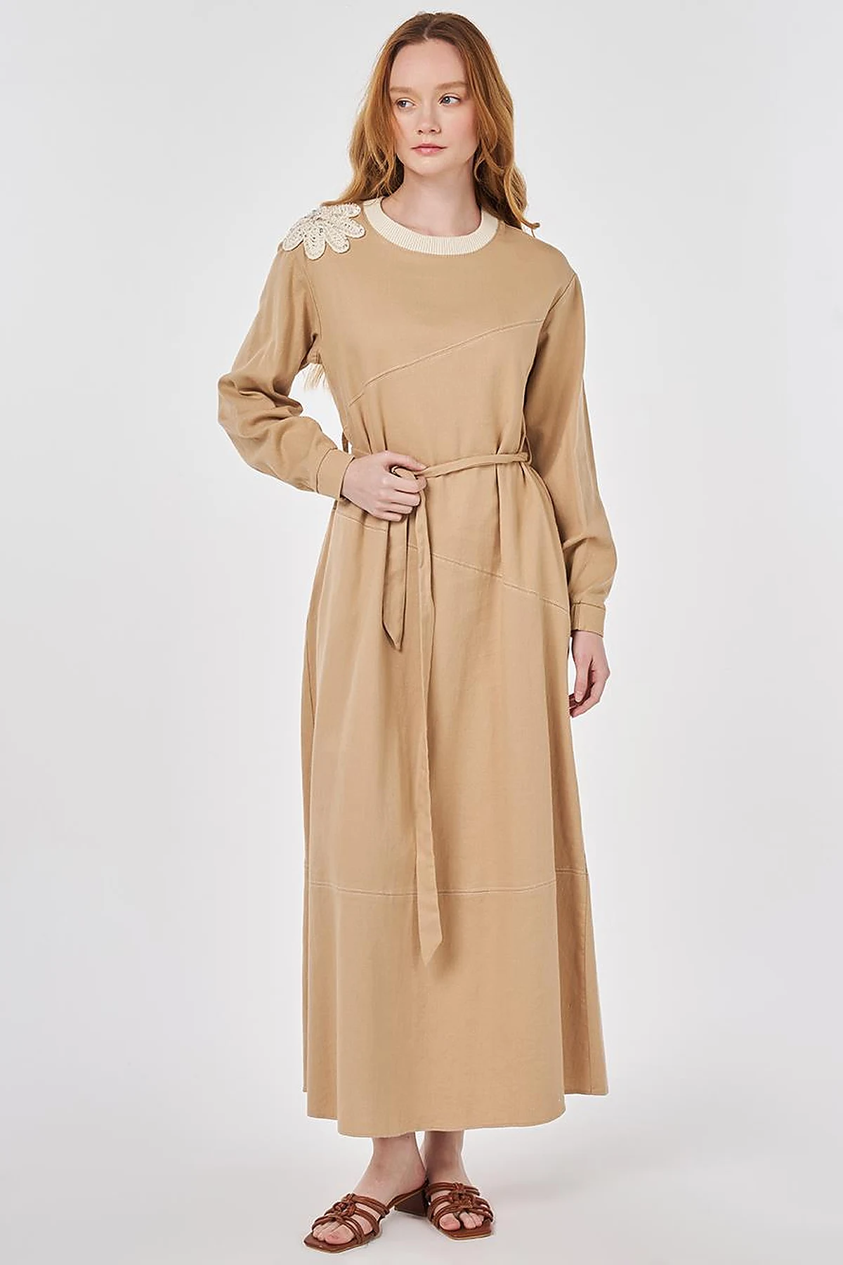 100% Cotton Piece Stitched Dress Beige