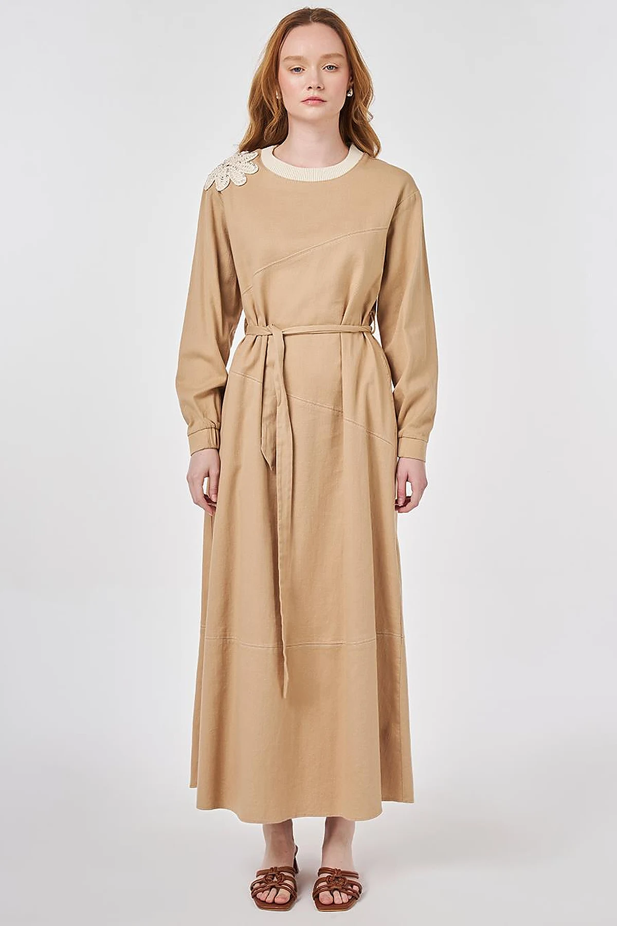 100% Cotton Piece Stitched Dress Beige
