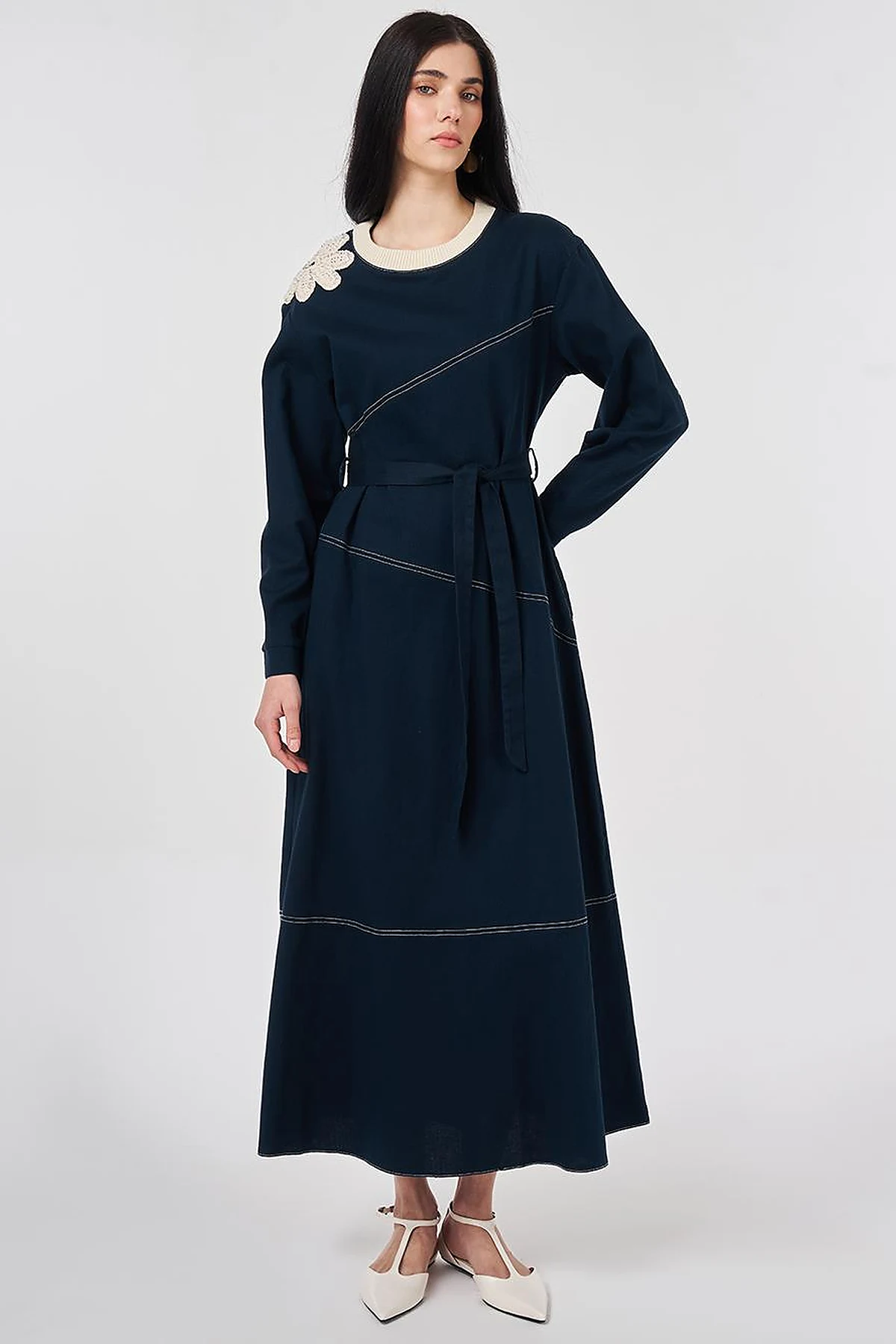 100% Cotton Piece Stitched Dress Navy