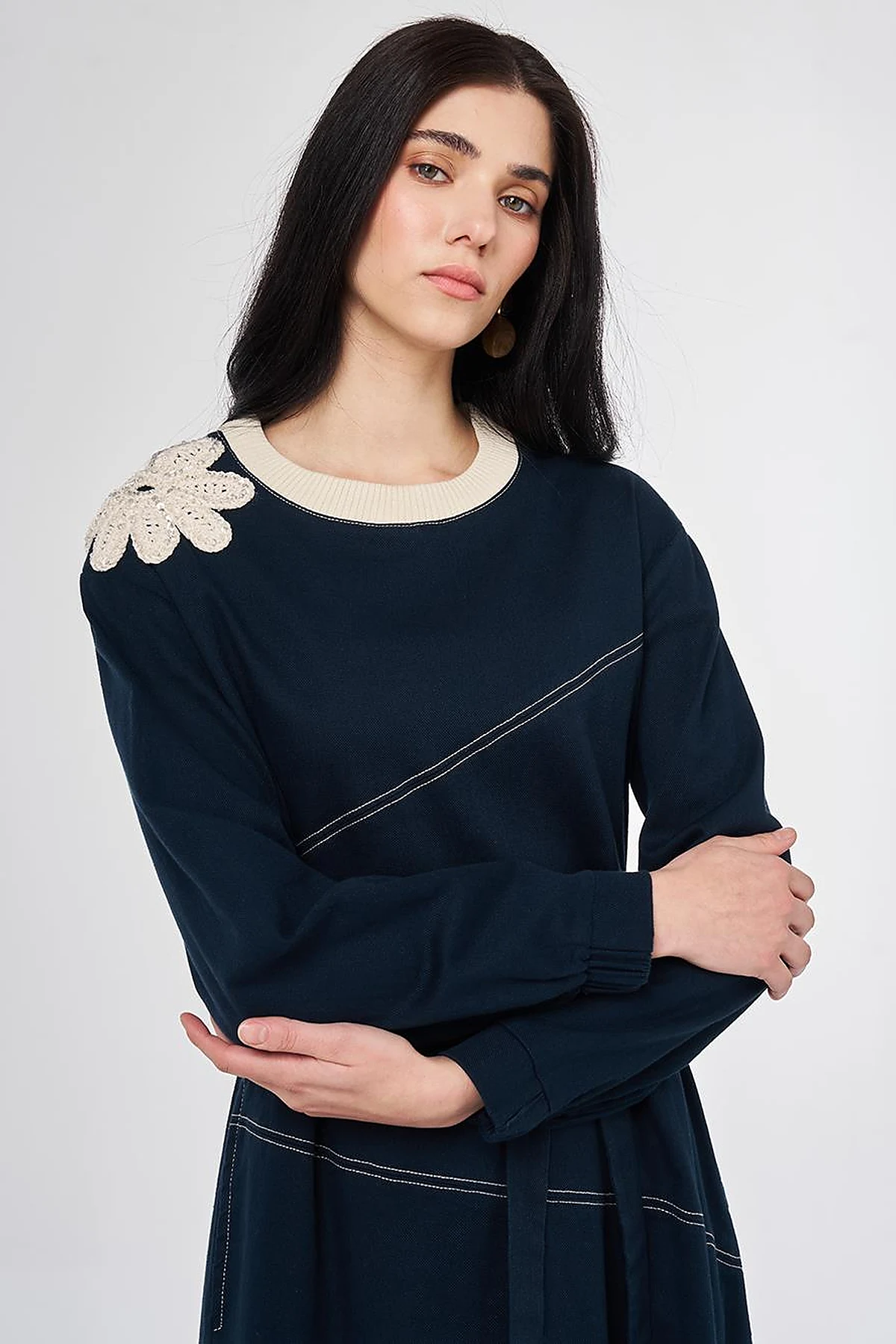 100% Cotton Piece Stitched Dress Navy