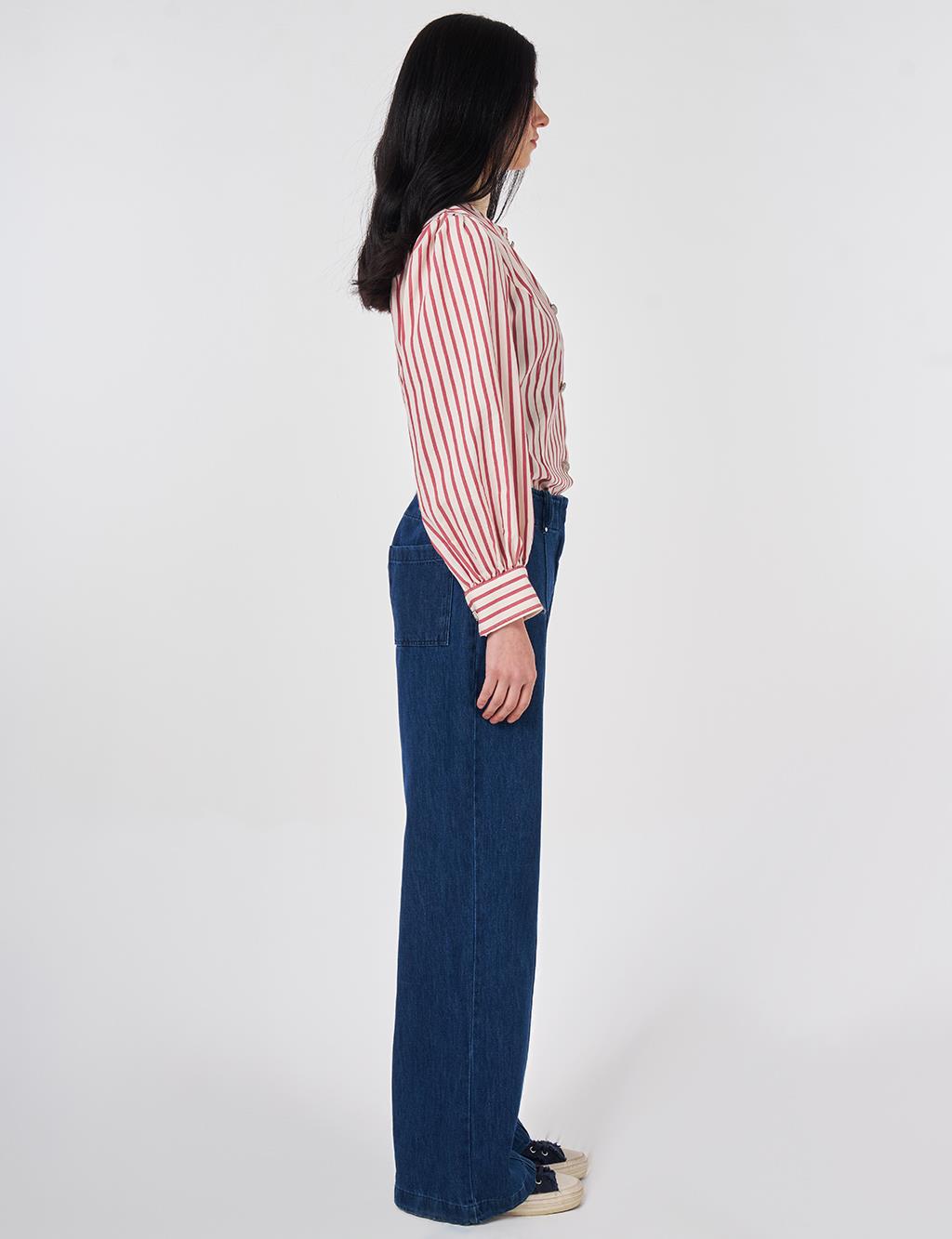 Washed Topstitched Denim Trousers Navy 