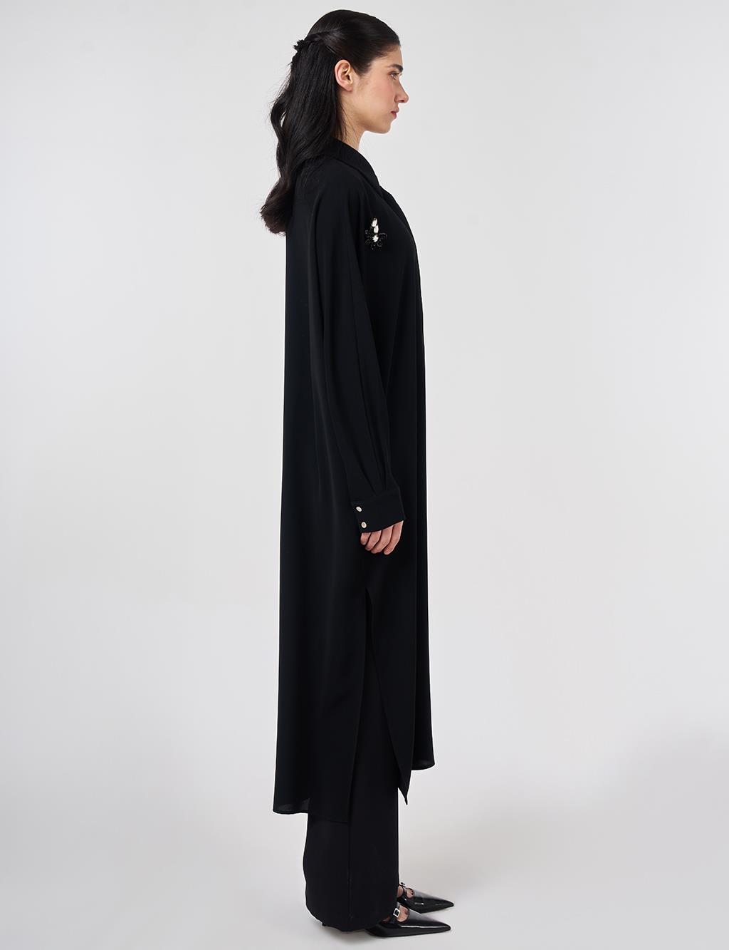 Embroidered Crepe Long Tunic Black