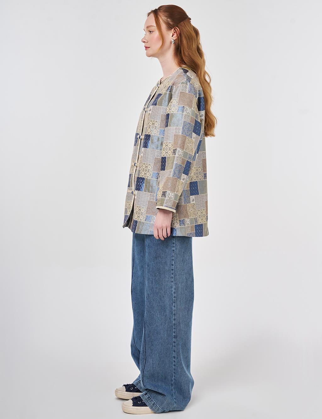 Square Pattern Jacquard Jacket Indigo