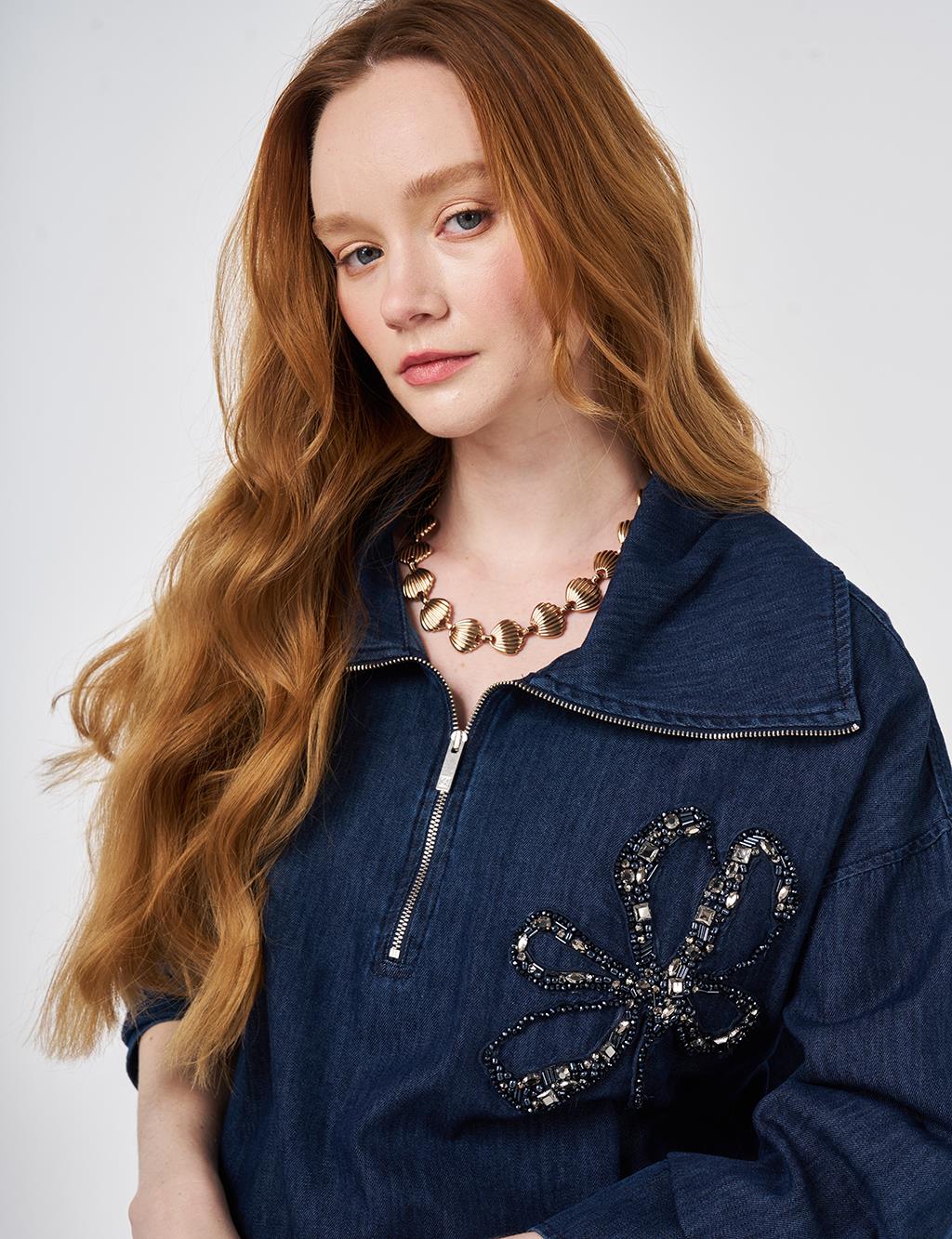 Embroidered Detail Denim Set Navy