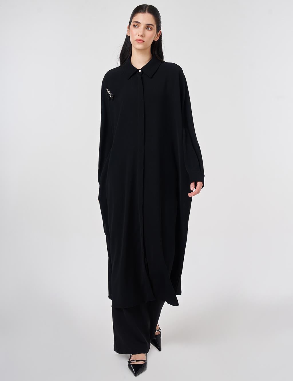 Embroidered Crepe Long Tunic Black