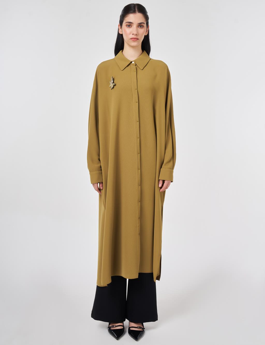 Embroidered Crepe Long Tunic Khaki