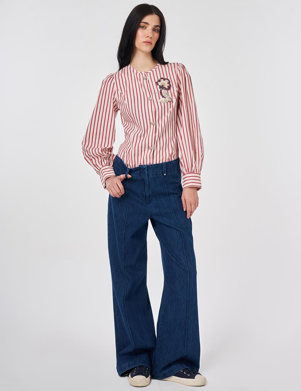 Washed Topstitched Denim Trousers Navy 