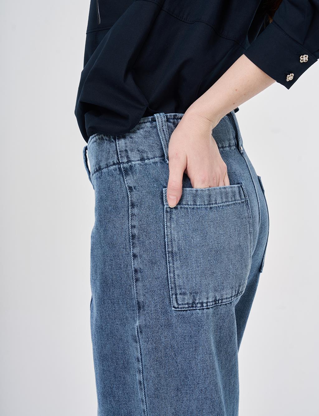 Washed Topstitched Denim Trousers Light Blue