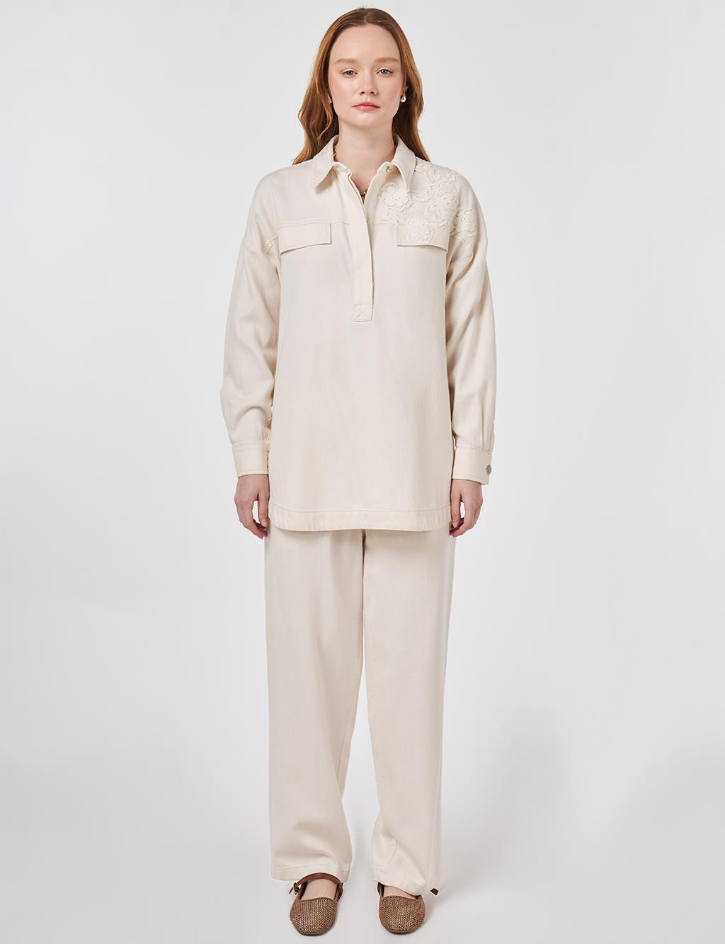 Embroidered Applique Two-Piece Set Cream