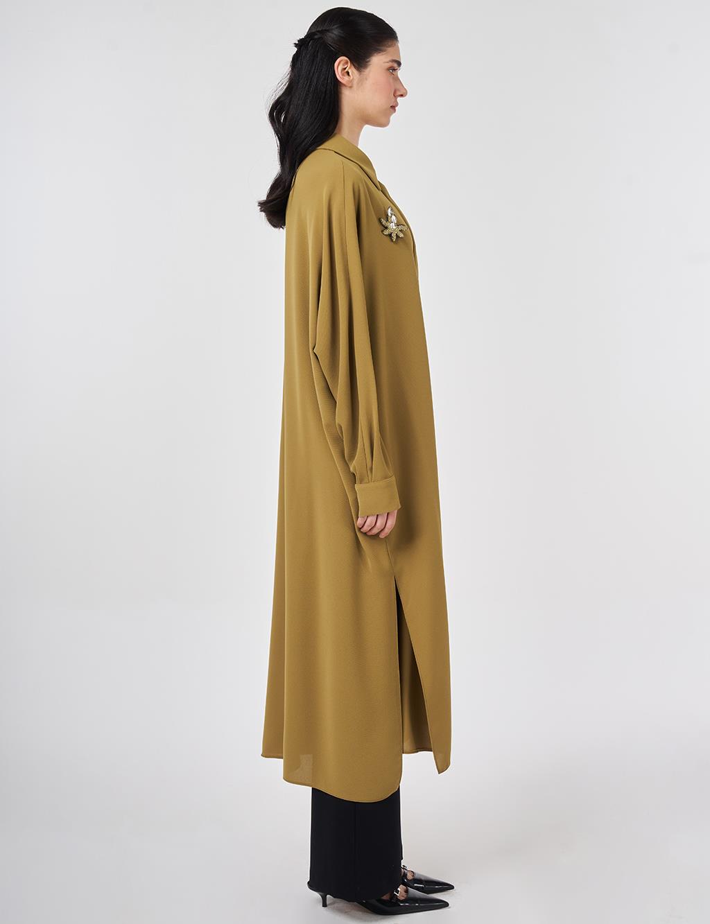 Embroidered Crepe Long Tunic Khaki