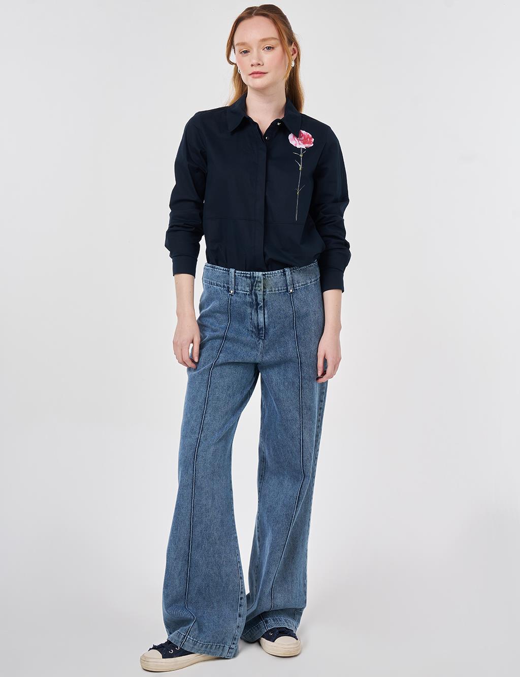 Washed Topstitched Denim Trousers Light Blue