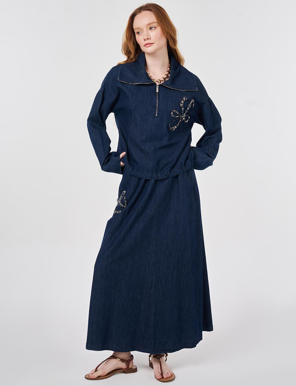 Embroidered Detail Denim Set Navy