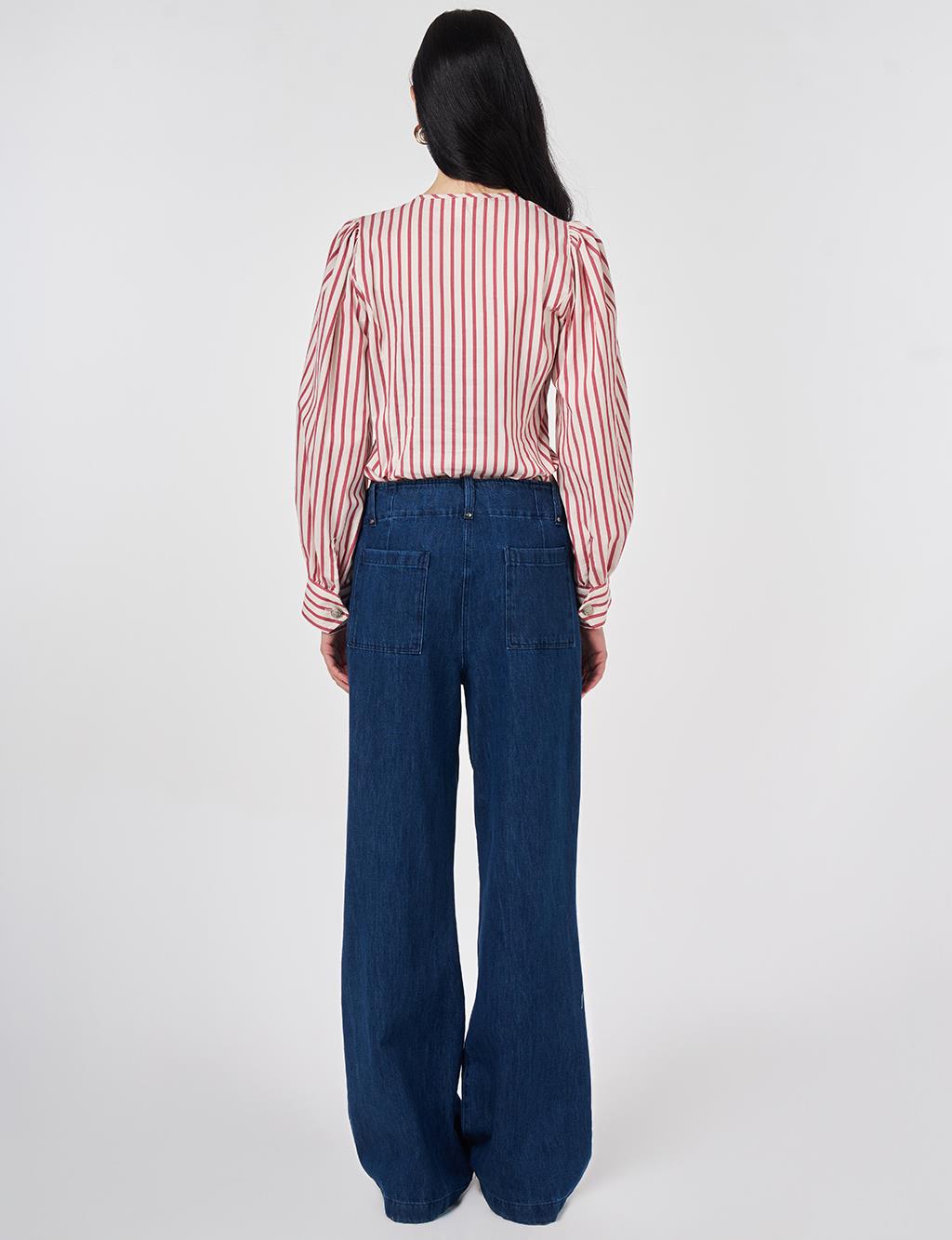 Washed Topstitched Denim Trousers Navy 