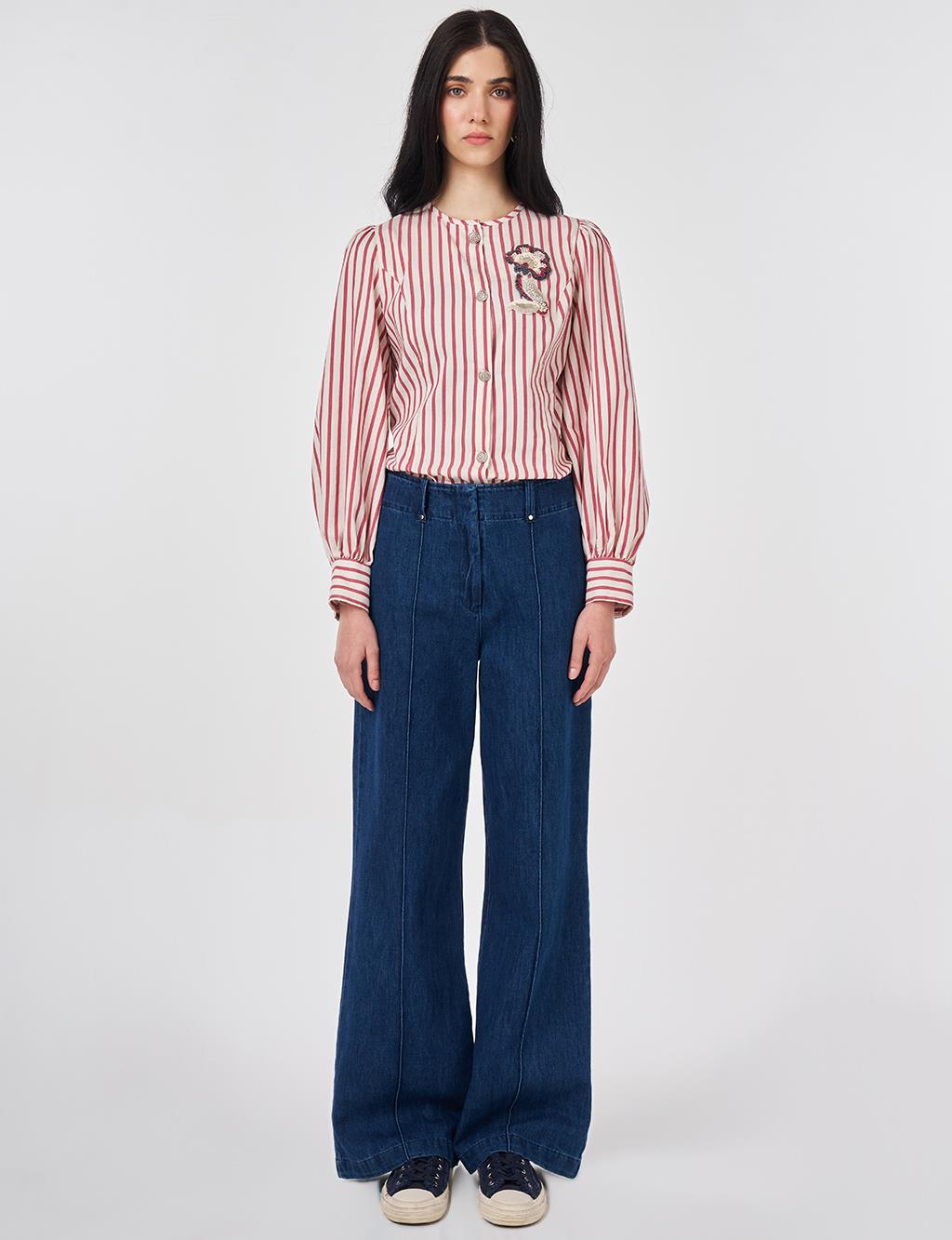 Washed Topstitched Denim Trousers Navy 