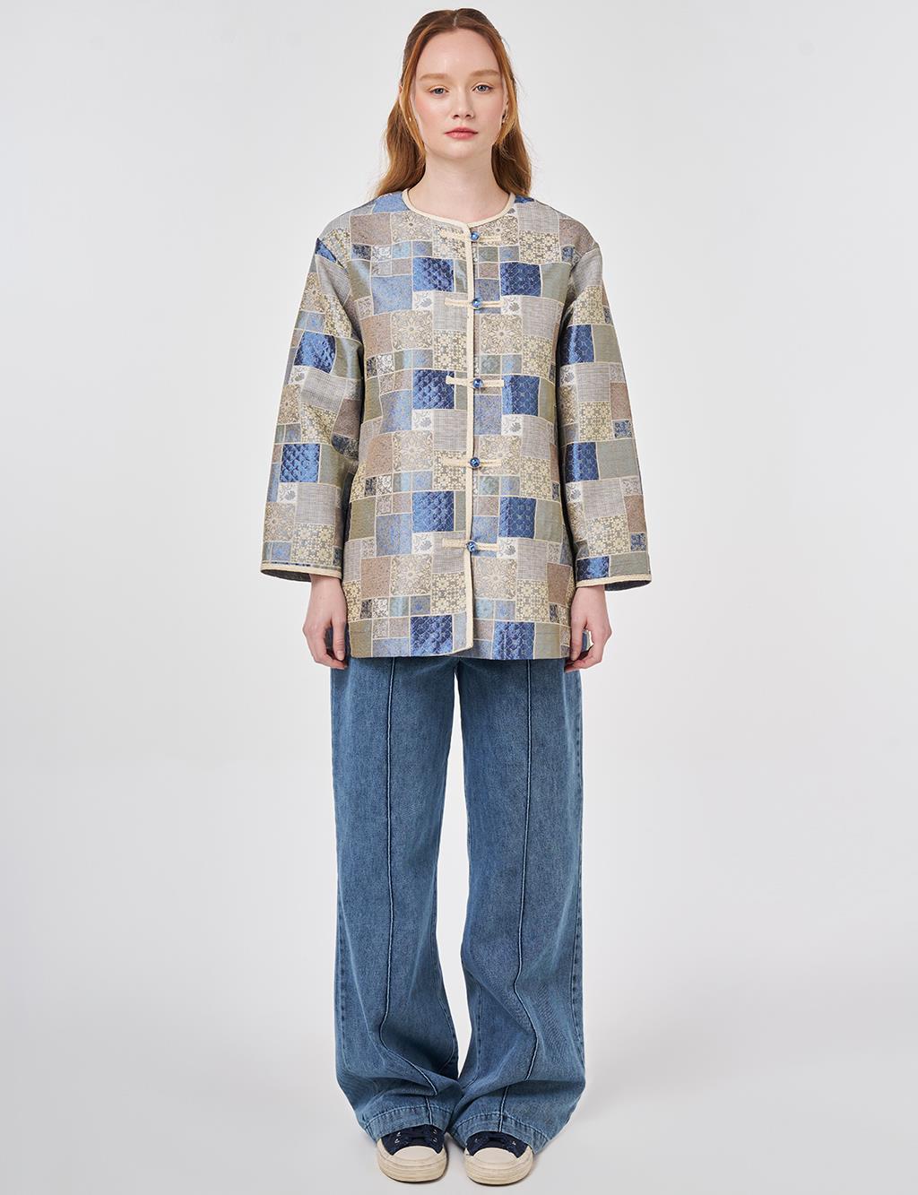 Square Pattern Jacquard Jacket Indigo