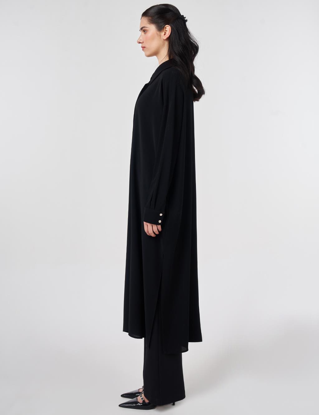 Embroidered Crepe Long Tunic Black