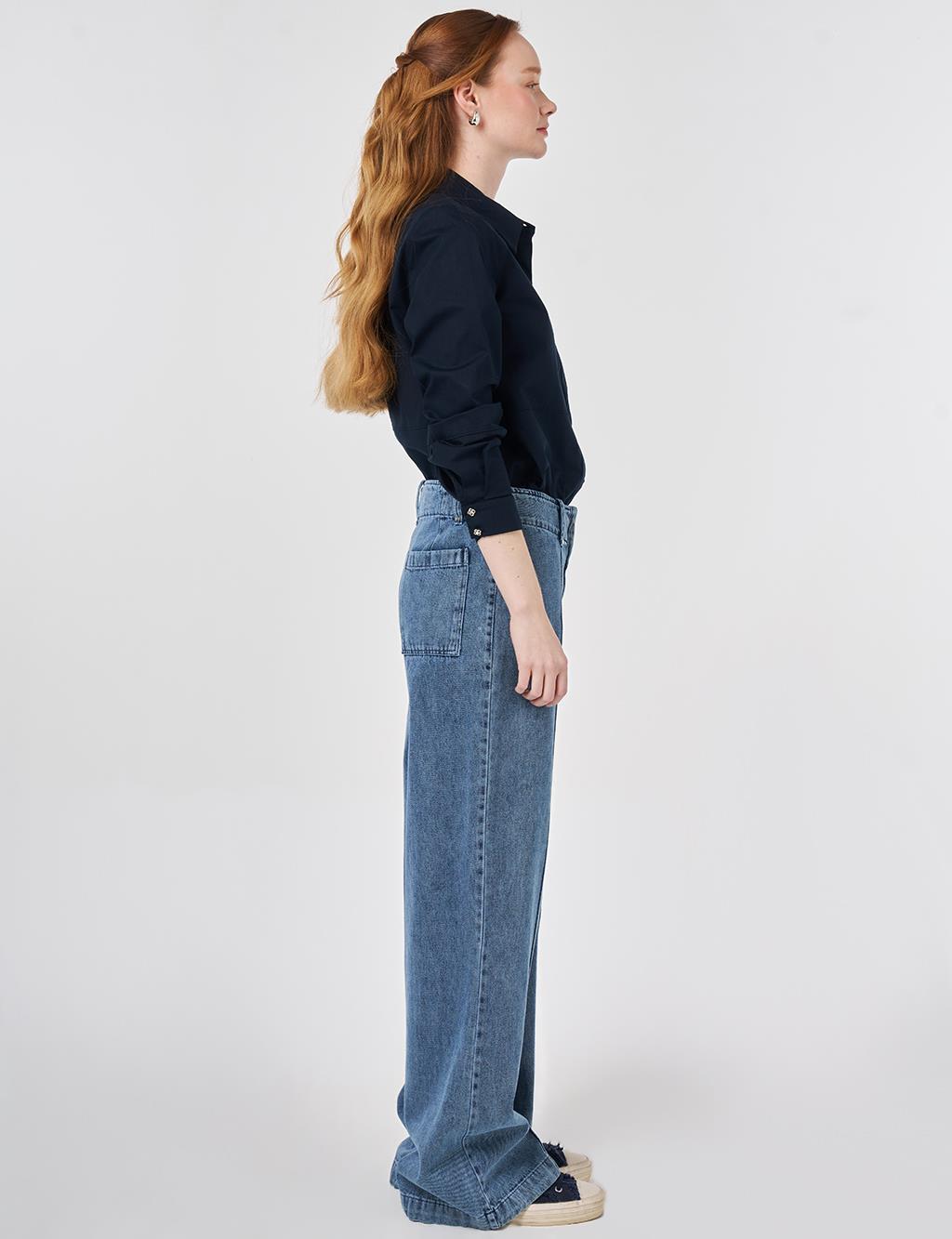 Washed Topstitched Denim Trousers Light Blue