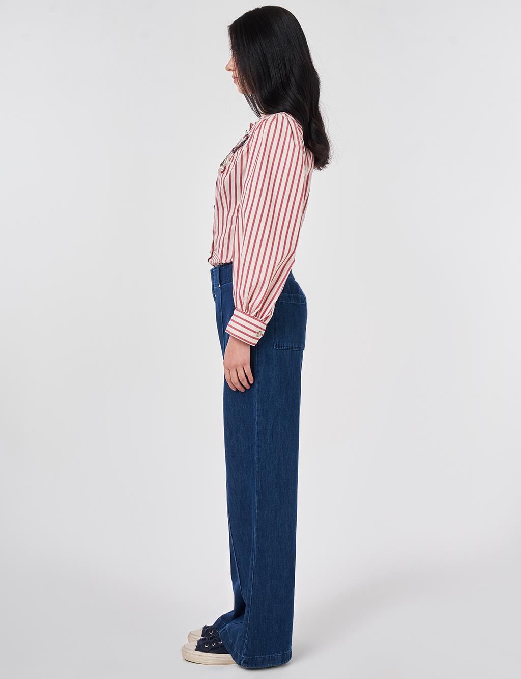 Washed Topstitched Denim Trousers Navy 