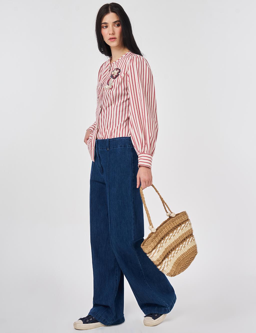 Washed Topstitched Denim Trousers Navy 