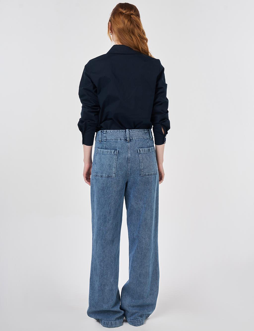 Washed Topstitched Denim Trousers Light Blue