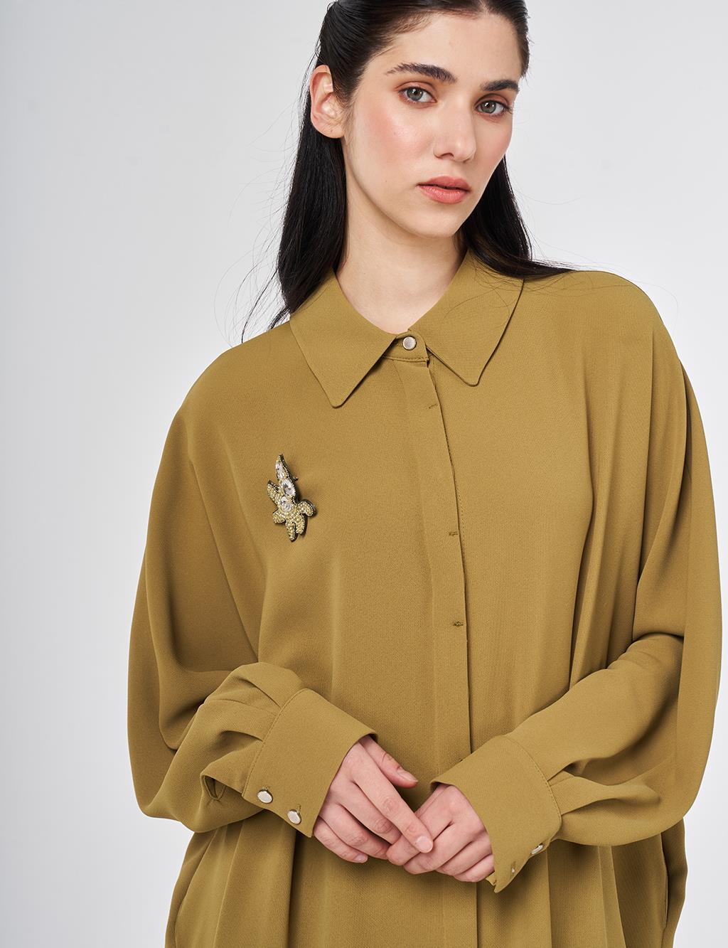 Embroidered Crepe Long Tunic Khaki