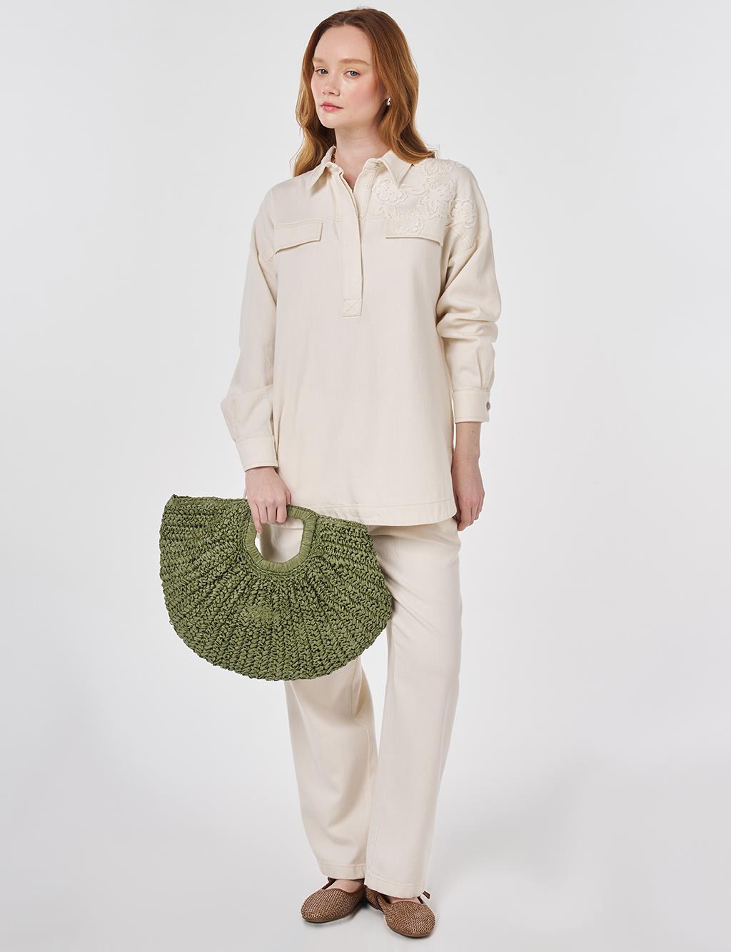 Embroidered Applique Two-Piece Set Cream