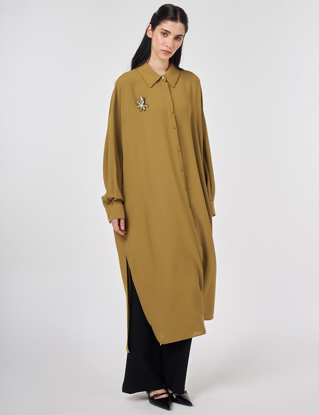 Embroidered Crepe Long Tunic Khaki