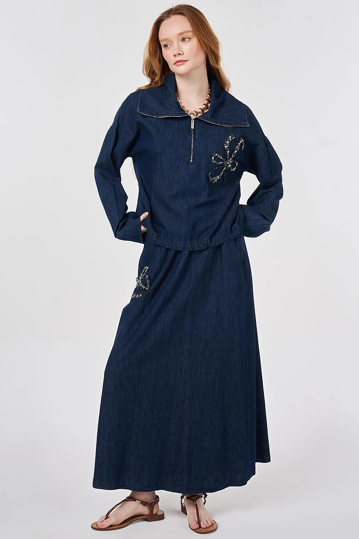 Embroidered Detail Denim Set Navy