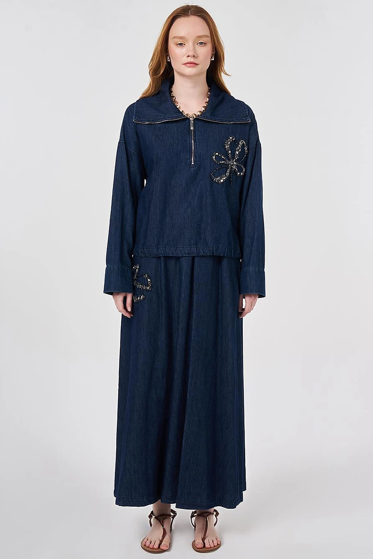 Embroidered Detail Denim Set Navy