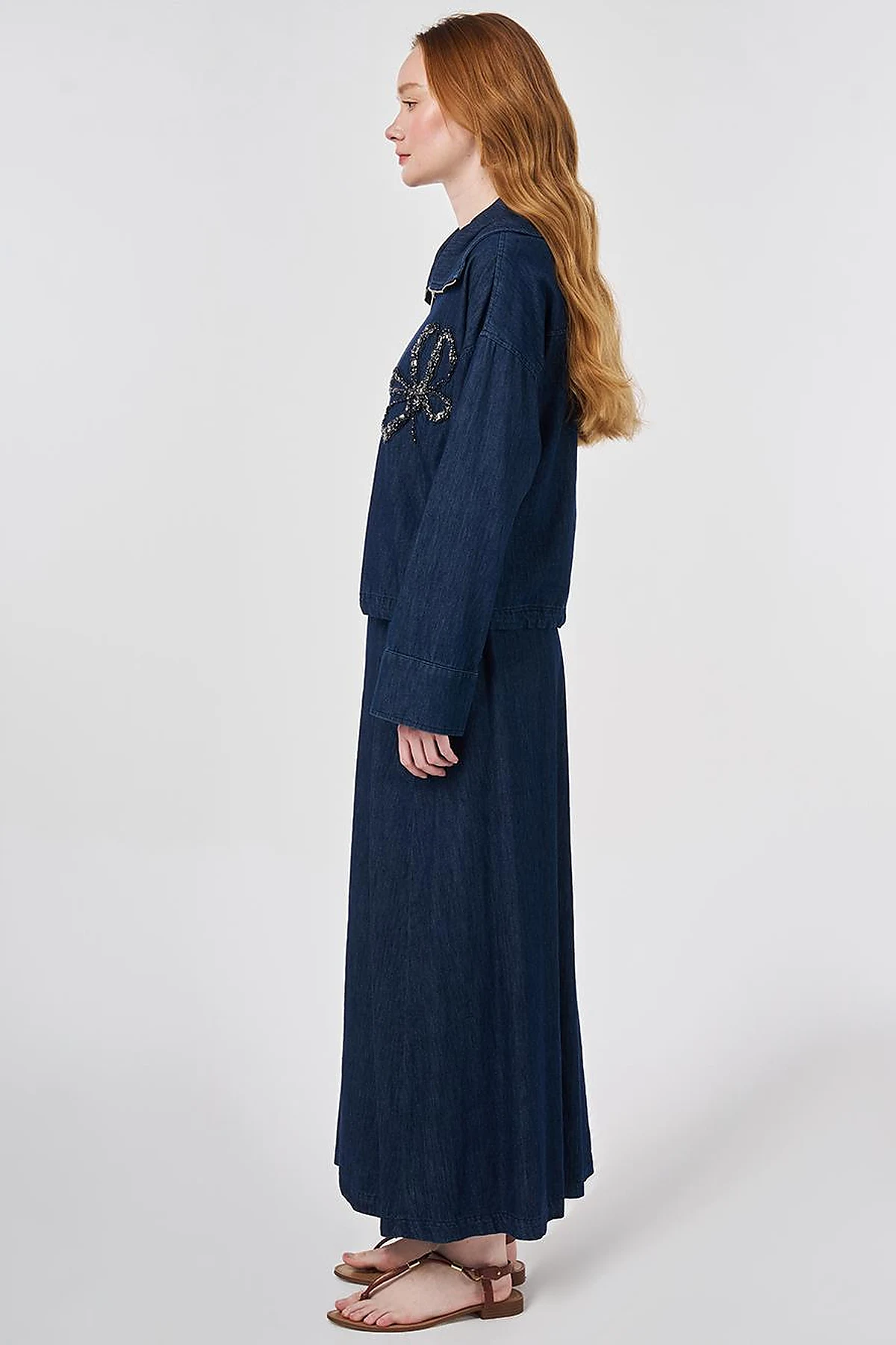 Embroidered Detail Denim Set Navy