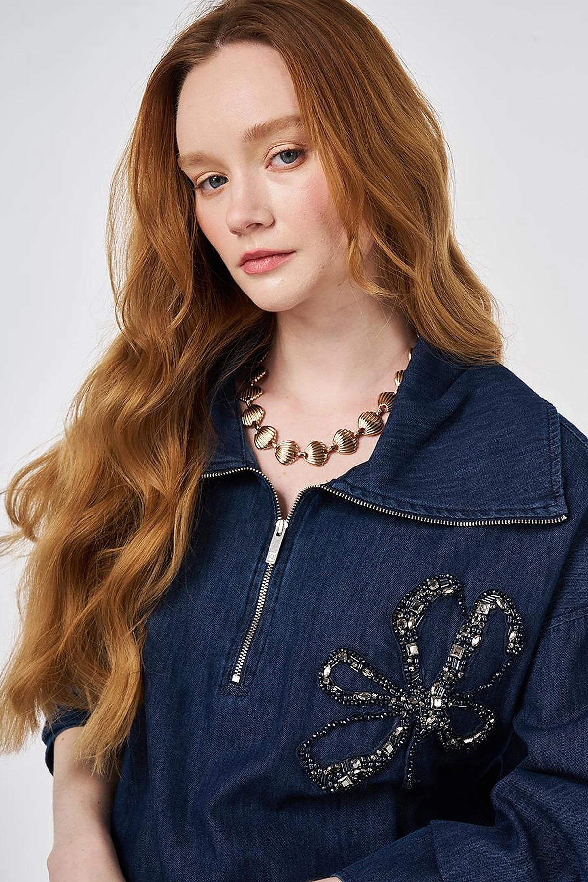 Embroidered Detail Denim Set Navy