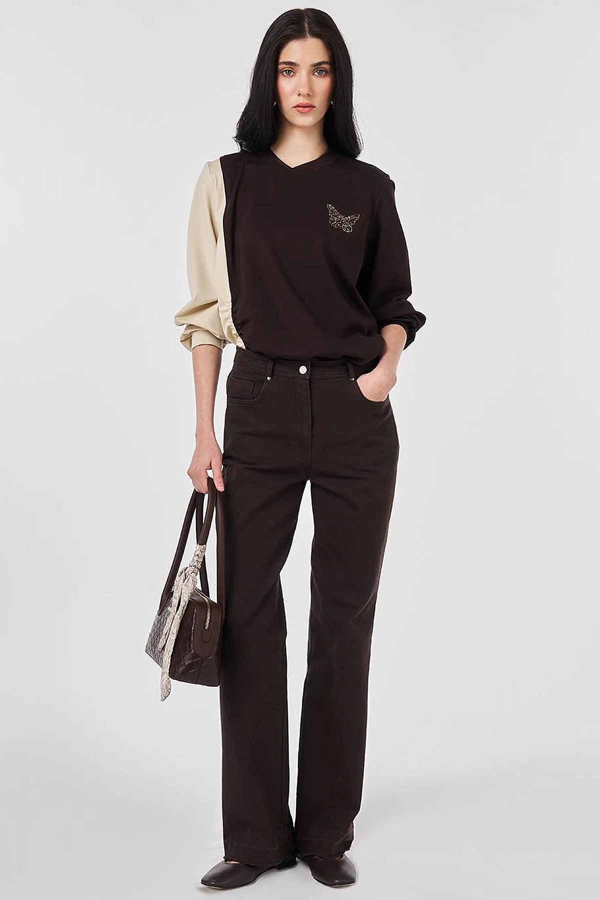 Straight Fit Denim Pantolon Koyu Kahve