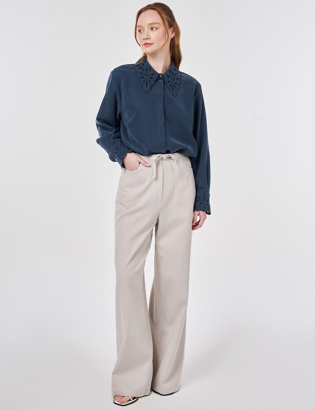Drawstring Lyocell Trousers in Light Gray