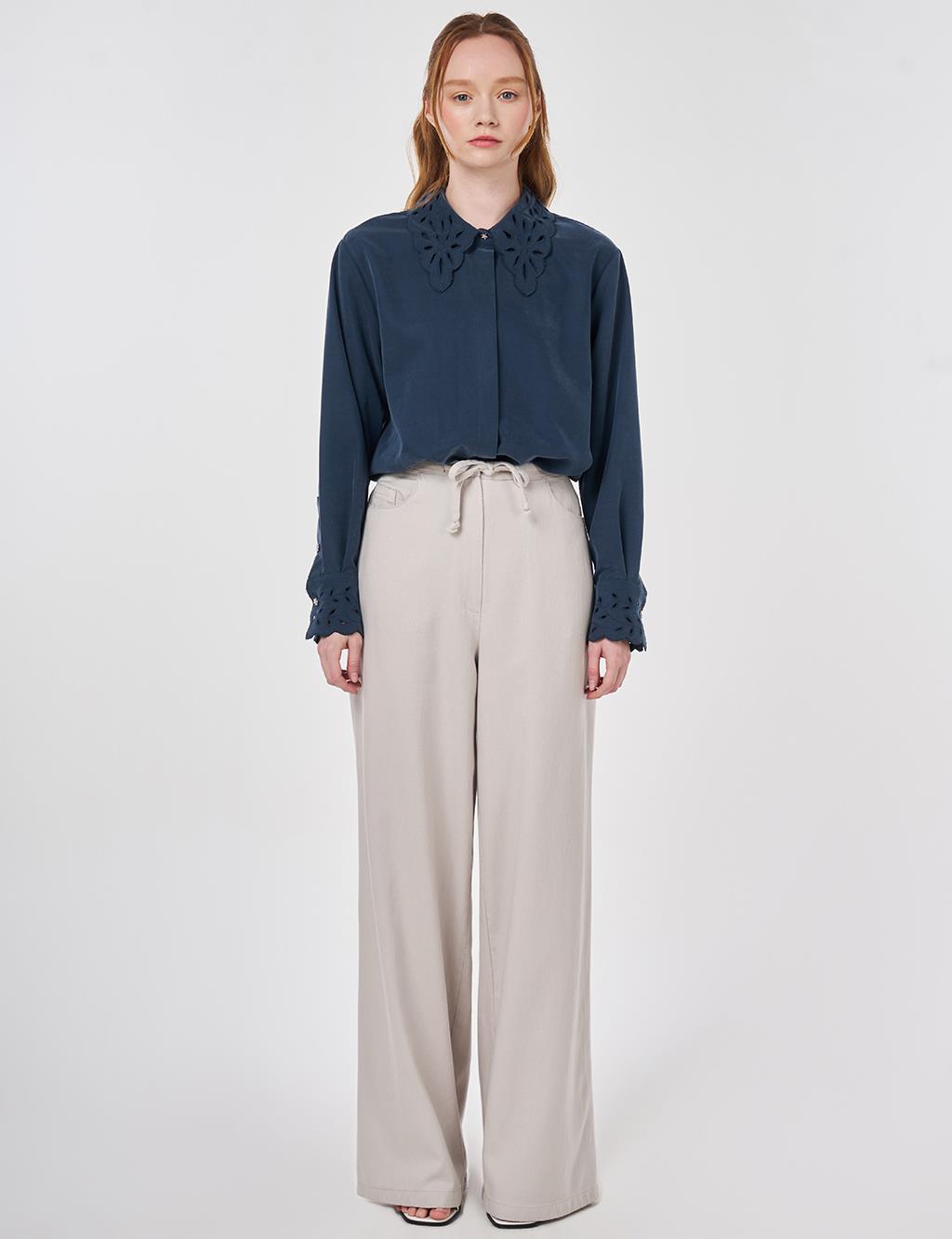 Drawstring Lyocell Trousers in Light Gray