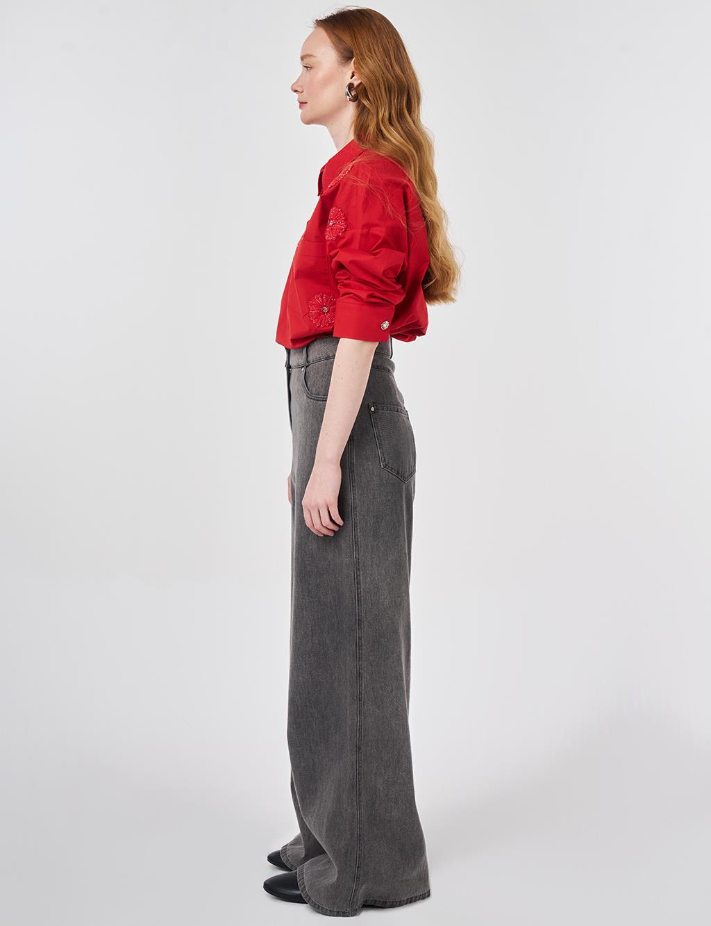 Washed Wide Leg Denim Trousers Anthracite