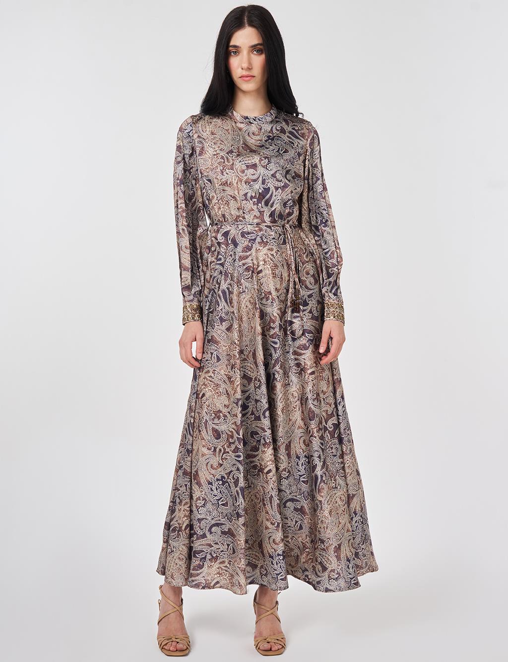 Ethnic Patterned Elegant Dress in Dark Olive