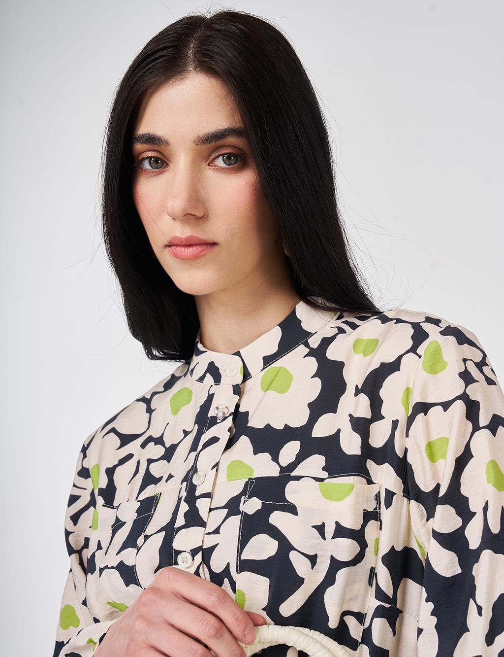 Mandarin Collar Floral Pattern Dress Smoke