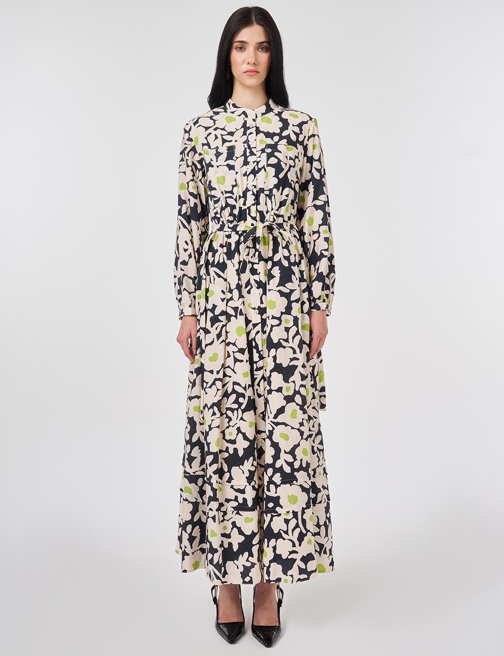 Mandarin Collar Floral Pattern Dress Smoke