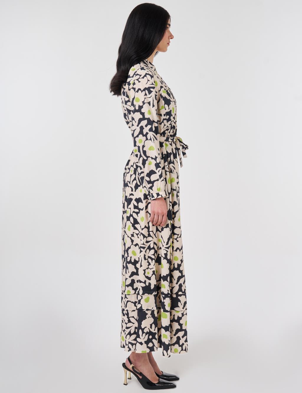 Mandarin Collar Floral Pattern Dress Smoke