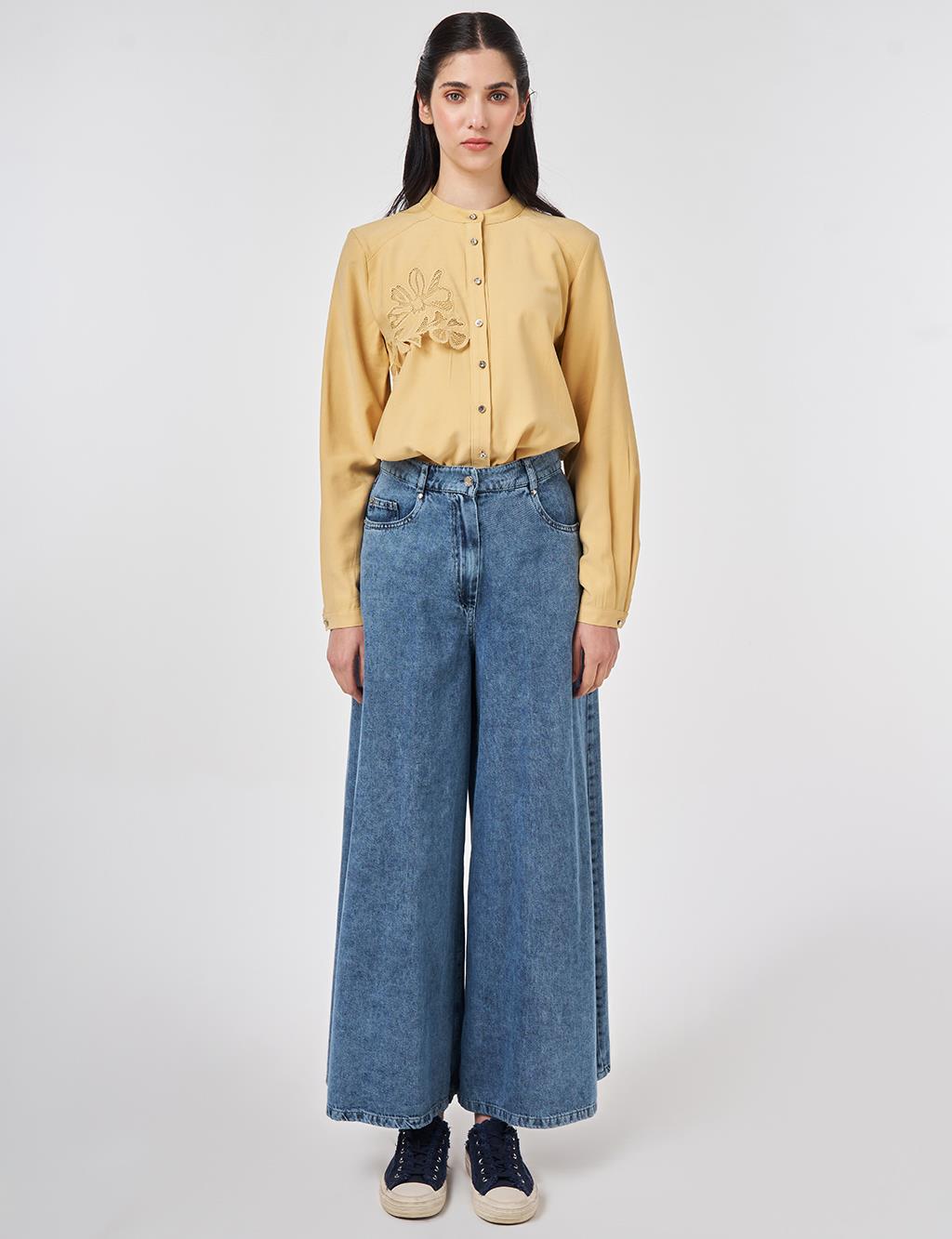 Washed Wide-Leg Denim Trousers Blue 